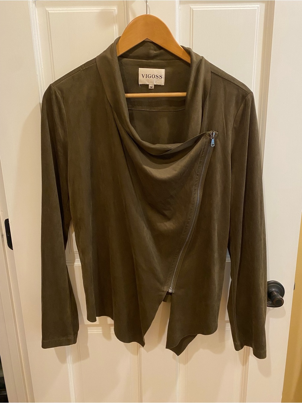 Vigoss Olive Green Draped Zip Jacket with Asymmetrical Front, size medium